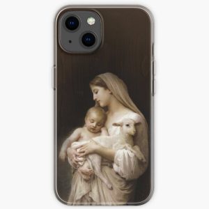 Mother with Baby and Lamb Jesus Virgin Mary Christian woman brown wood background vintage Medieval Catholic Bouguereau innocence HD High Quality iPhone Soft Case RB2611 product Offical JESUS Merch