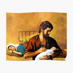 St. Joseph holds baby Jesus while Mary sleeps. Poster RB2611 product Offical JESUS Merch